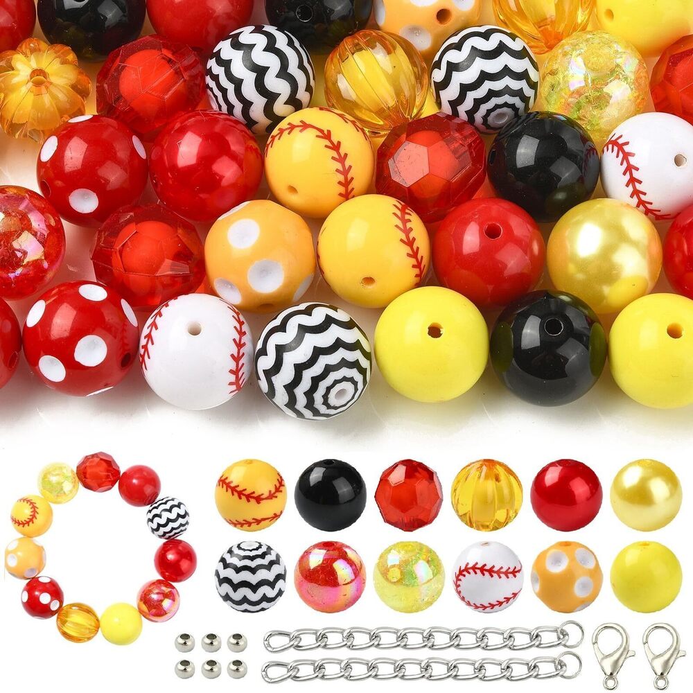 8215 105pcs Random Chunky Baseball Beads Red Yellow Acrylic Round Sport
